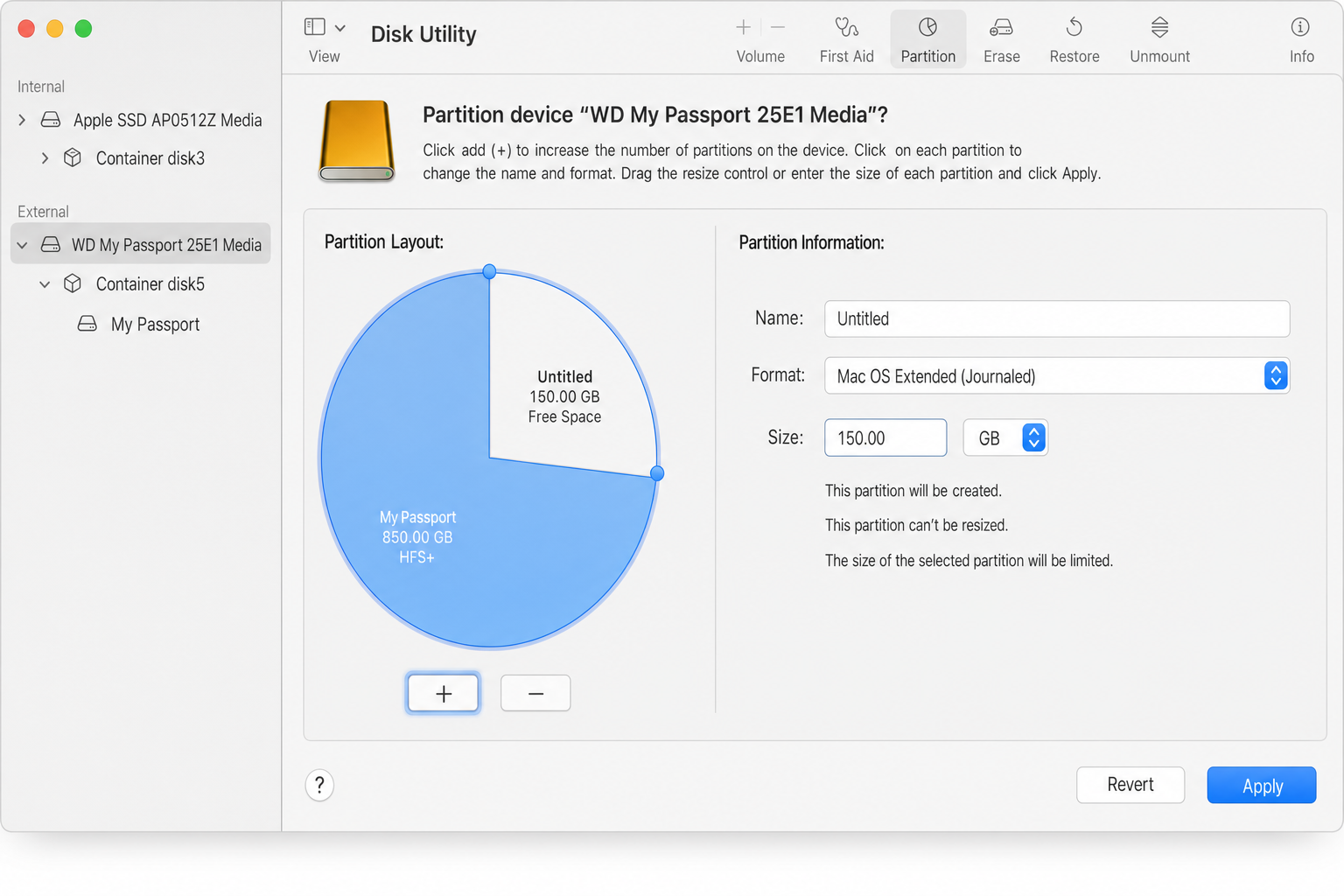 Disk Utility Partition dialog with the "Untitled" unallocated segment selected in the pie chart and the + button highlighted to add another partition