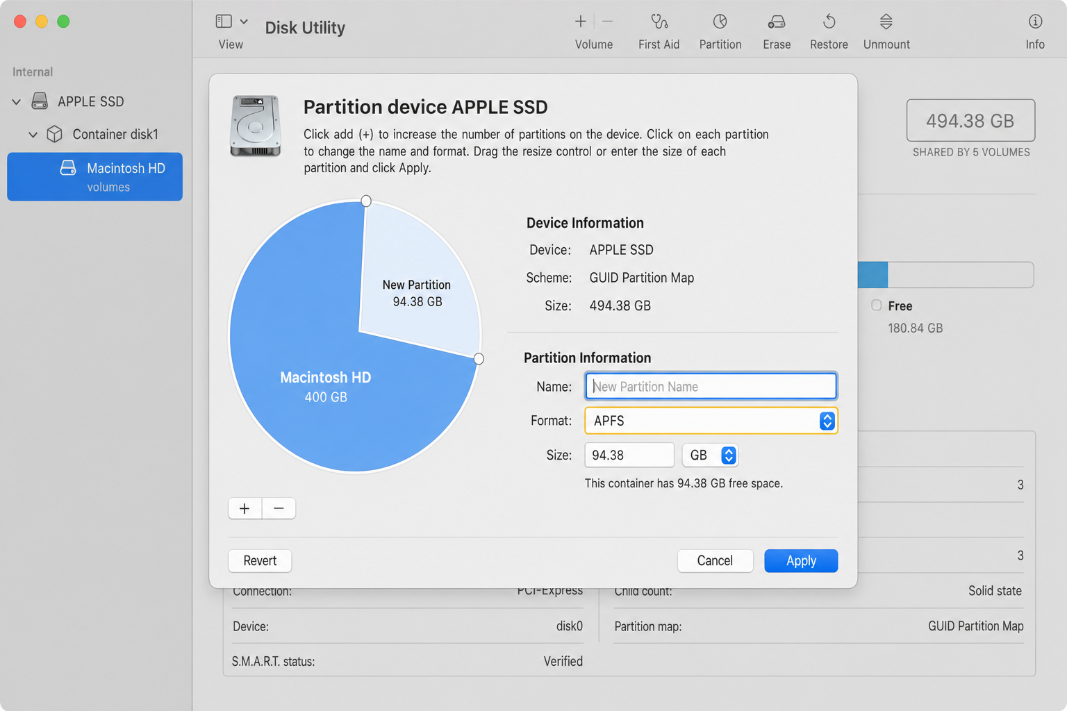 Disk Utility Add Partition dialog with the Name field and Format dropdown highlighted, ready to be filled in for the new partition