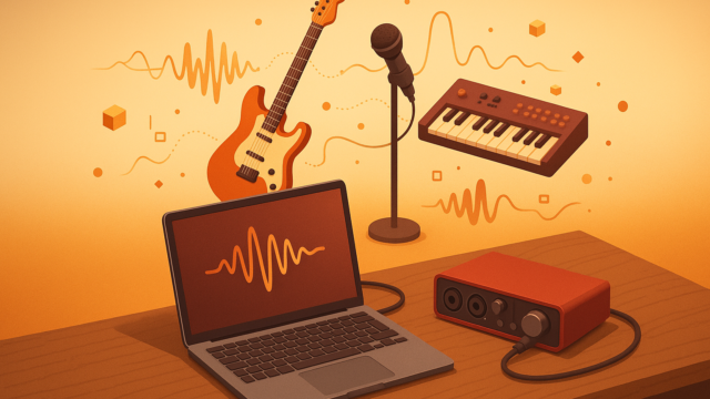 Music studio with laptop showing a waveform, a microphone on a stand, an electric guitar, and a compact keyboard floating mid-air in warm tones.