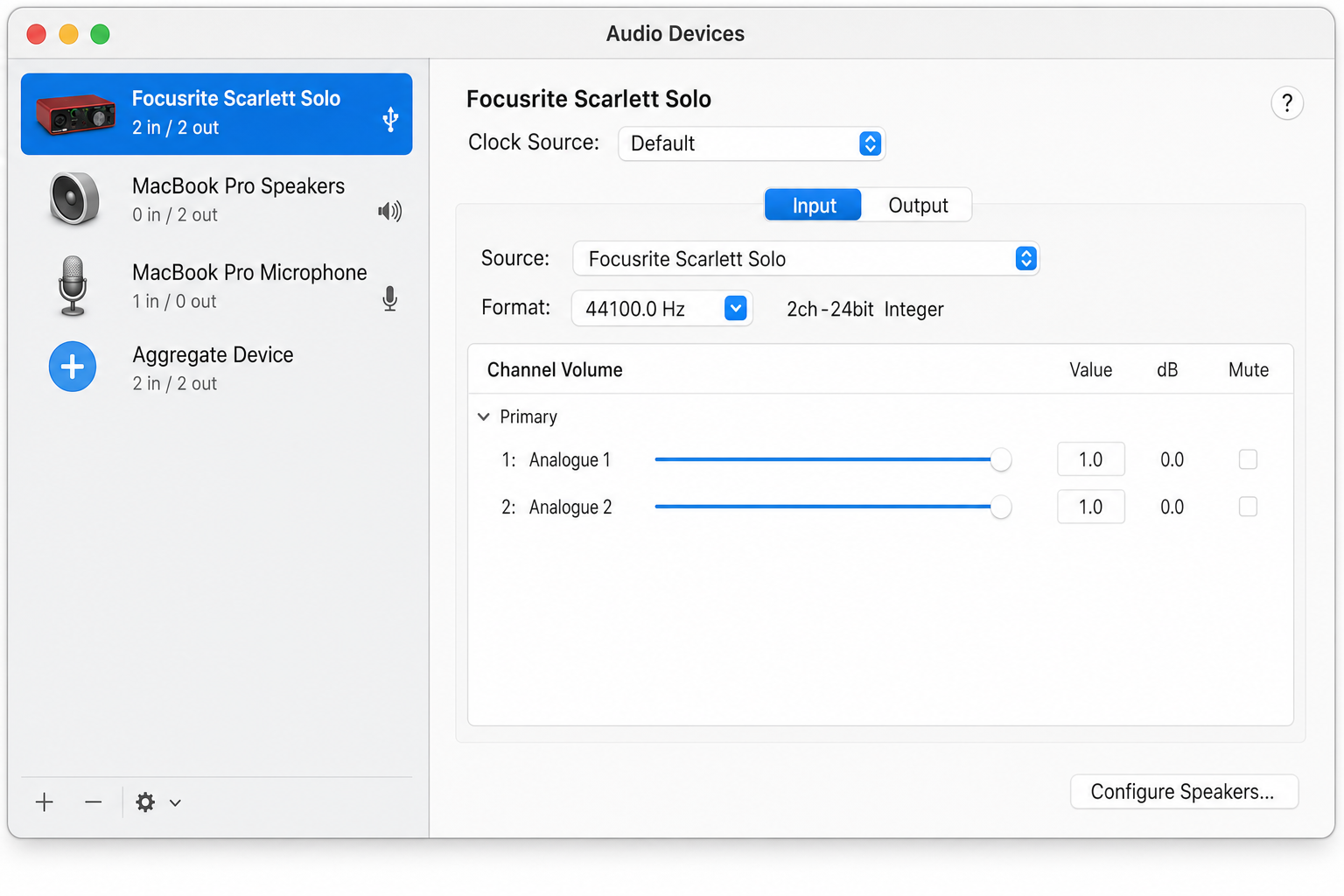 macOS Audio MIDI Setup utility showing the Focusrite Scarlett Solo USB listed as a recognized audio device in the device list on the left panel