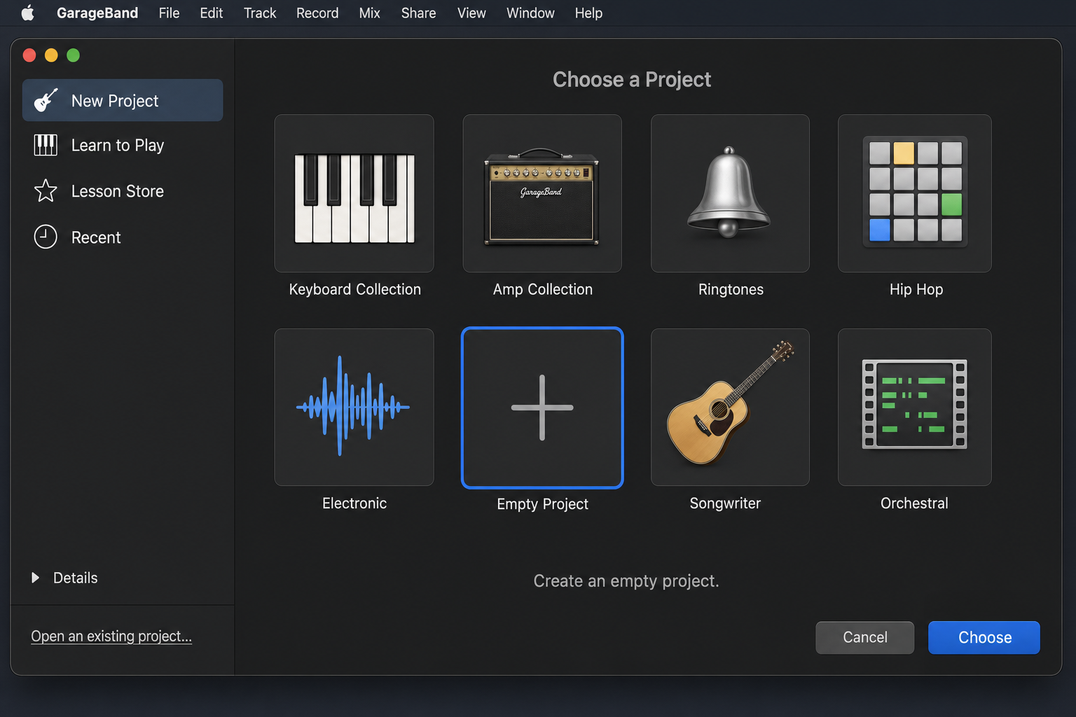 GarageBand New Project dialog window showing the project template chooser with Empty Project highlighted and the Choose button visible