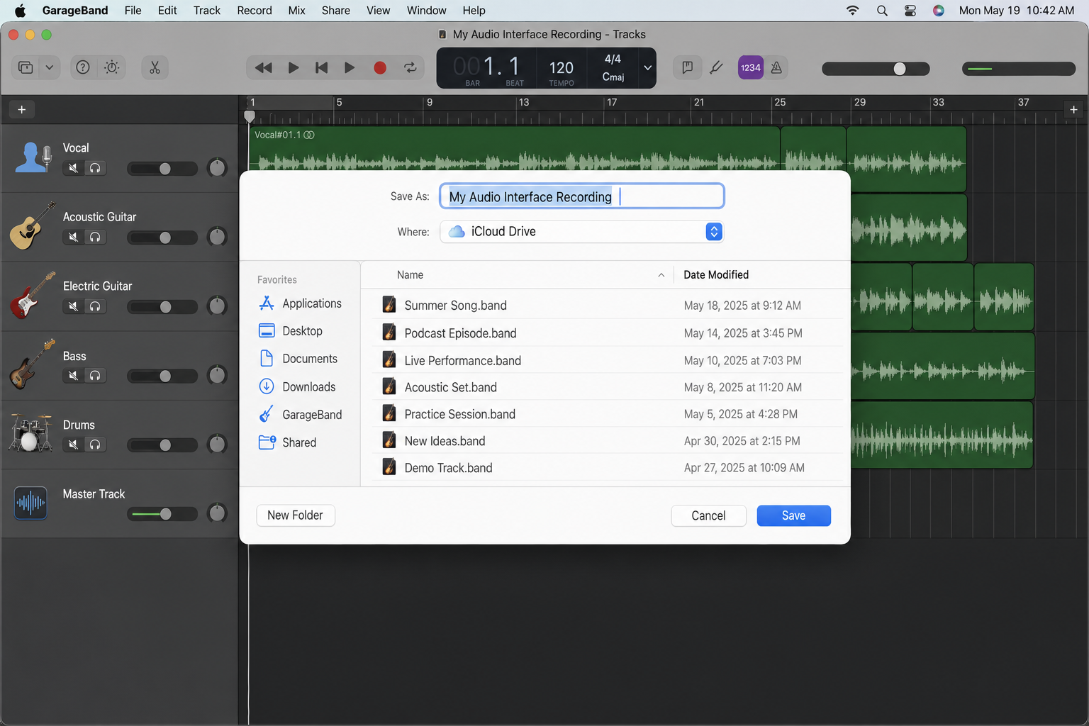 GarageBand Save As dialog with the project name field active and the Save button highlighted
