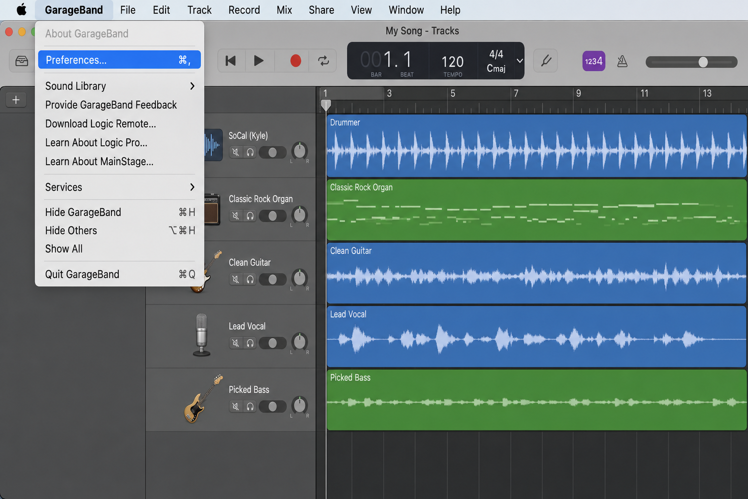 GarageBand menu bar with the GarageBand menu open and the Settings (or Preferences) option highlighted