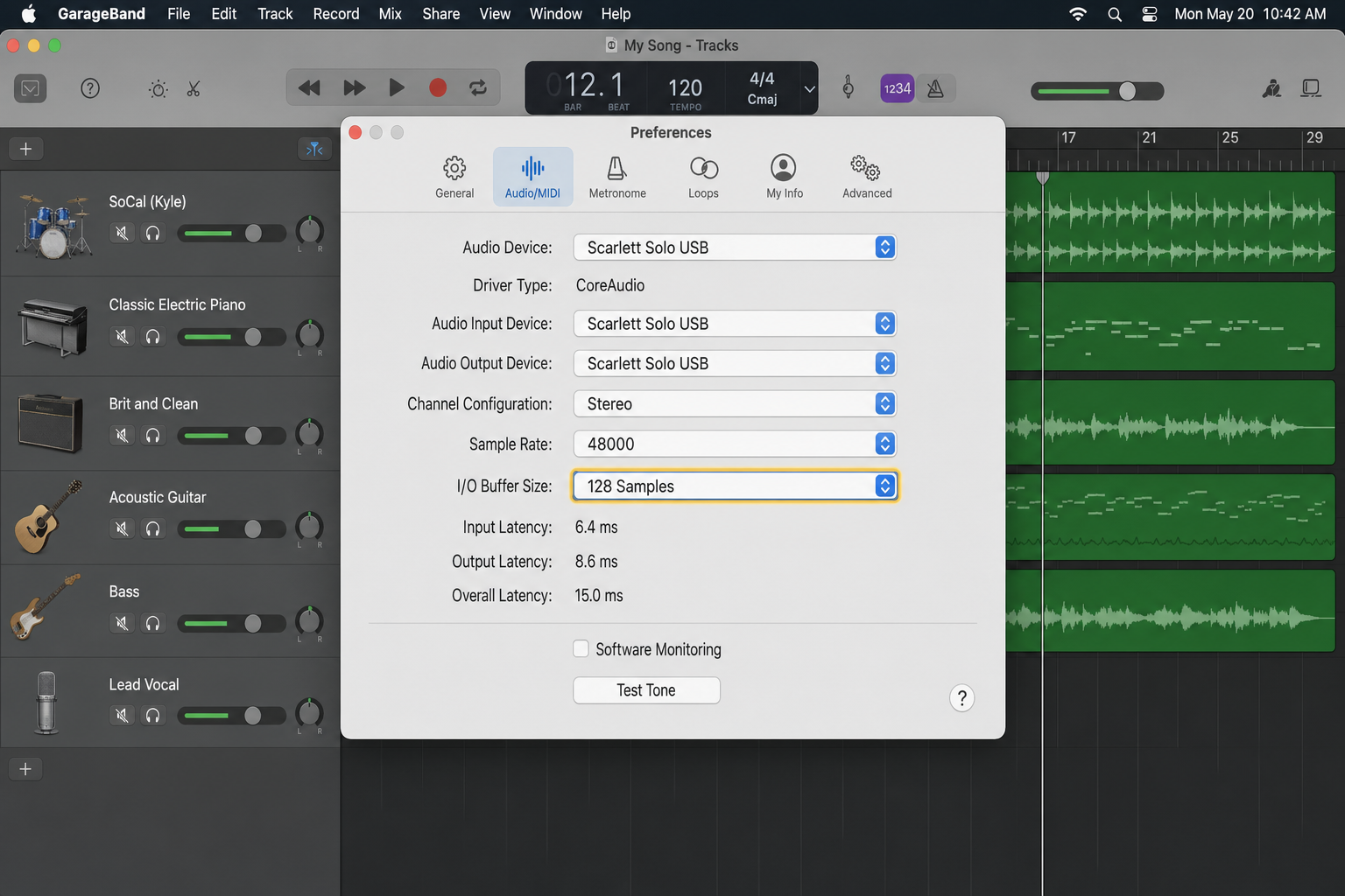 GarageBand Settings > Audio/MIDI tab with the Audio Input dropdown set to "Scarlett Solo USB" and the Buffer Size control visible and highlighted