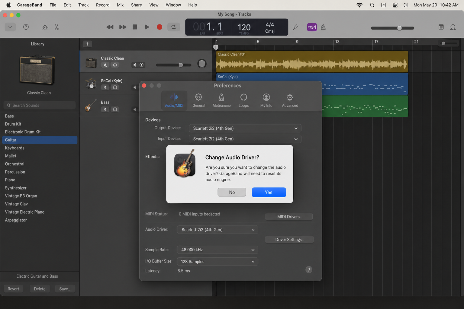 GarageBand modal dialog prompting to change the audio driver with the Yes button highlighted