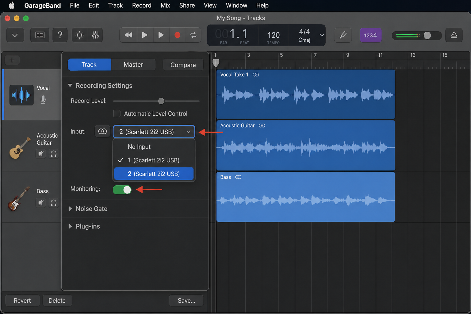 GarageBand New Track dialog with the Audio (Real Instrument) option selected, Input 2 chosen in the input dropdown, and the Input Monitoring toggle enabled