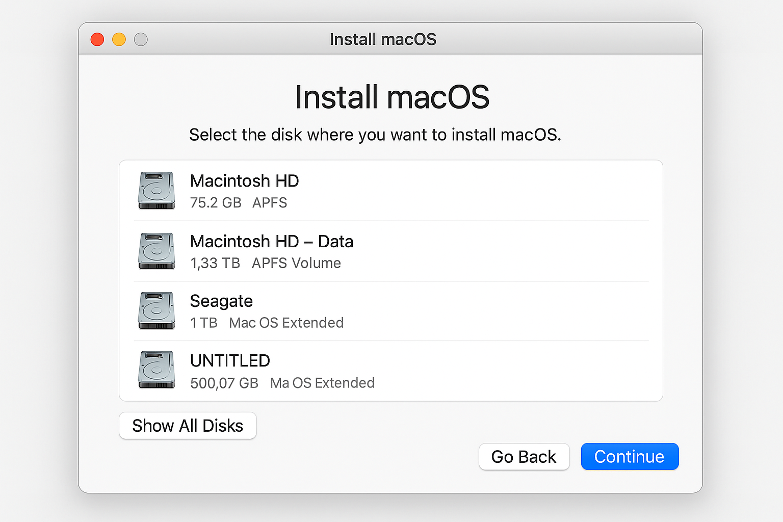 Drive selection showing internal and external options