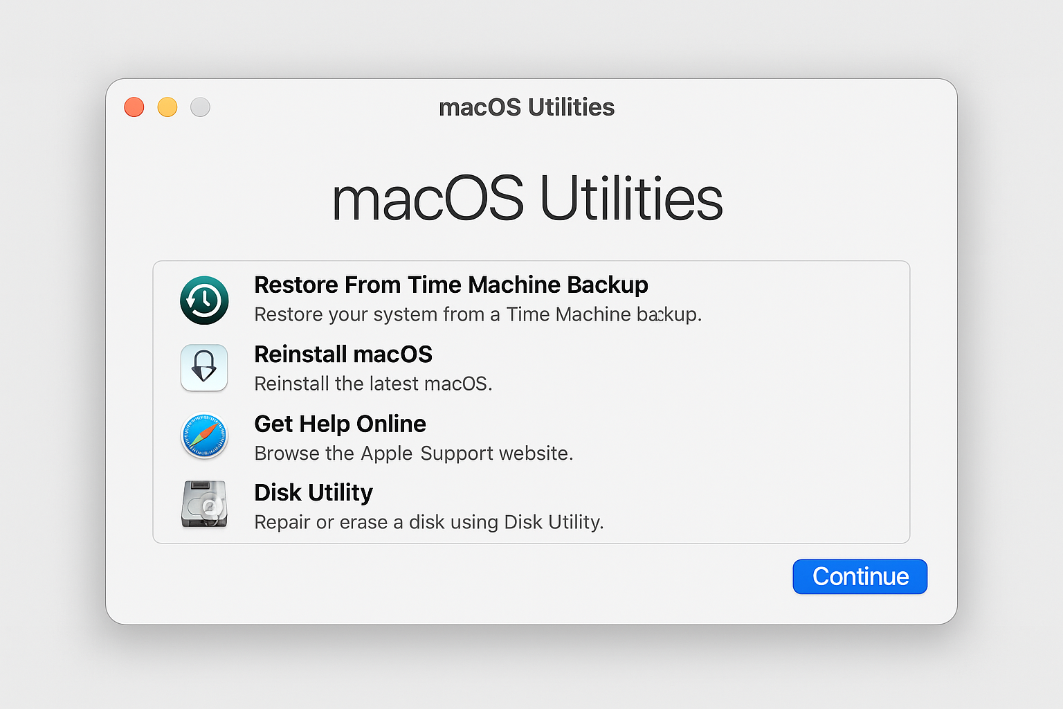 macOS Recovery utilities screen