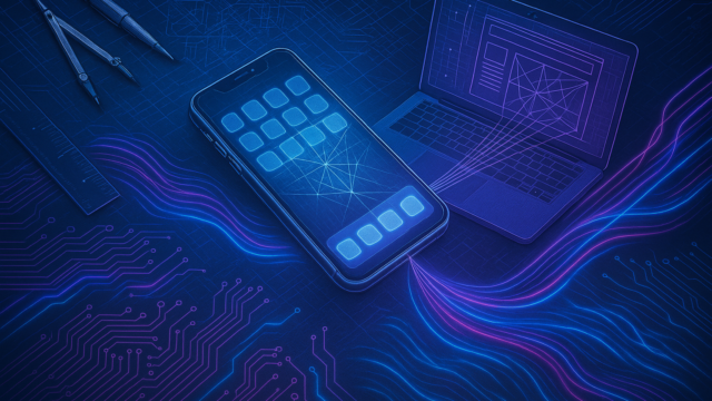 Futuristic workspace with a glowing smartphone and laptop on a circuit-patterned surface, with drafting tools nearby.