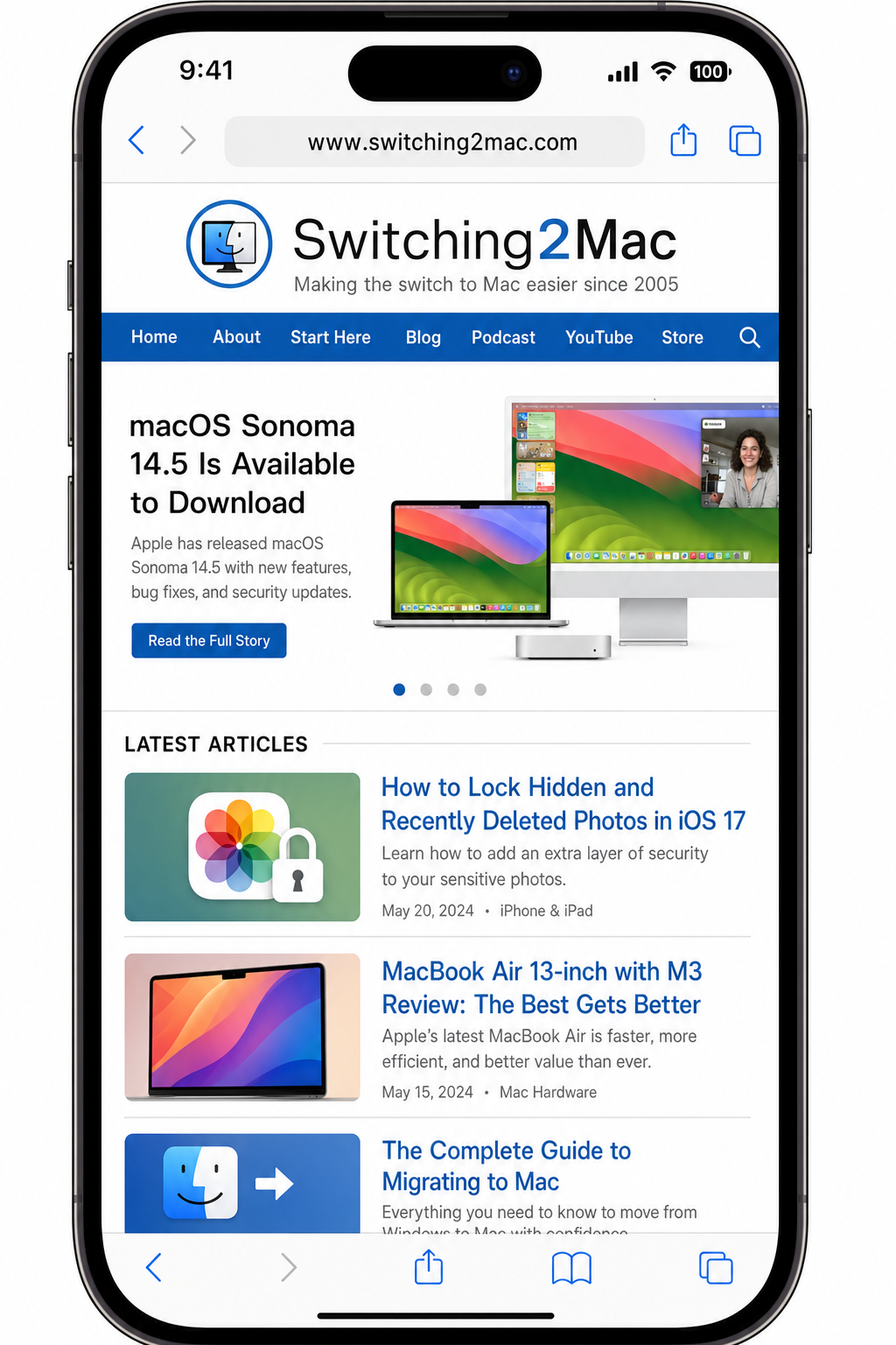 Safari on iPhone displaying the Switching2Mac home page in the browser window with the full URL visible in the address bar
