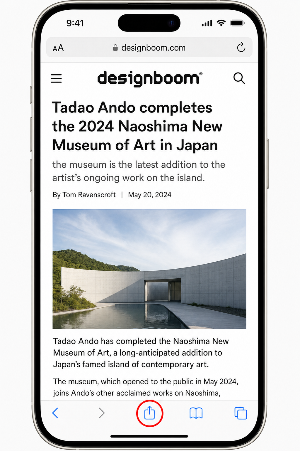 Safari on iPhone with the bottom toolbar visible and the Share button (box with upward arrow) highlighted in the center of the toolbar