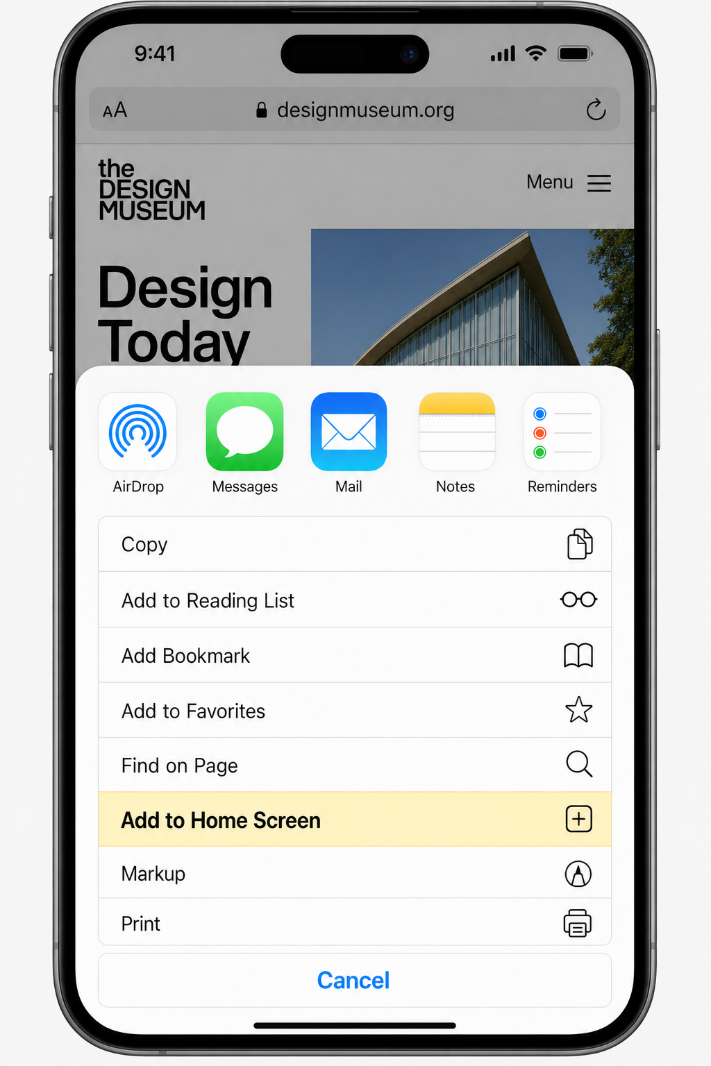 Safari share sheet open on iPhone with the Add to Home Screen option visible in the list of actions and highlighted