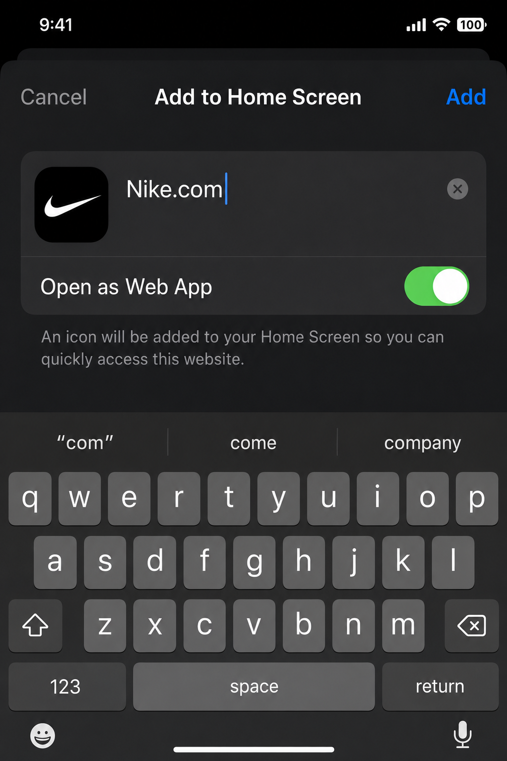 Add to Home Screen dialog box on iPhone showing the shortcut name field with editable text, a preview of the webpage icon, and the Open as Web App toggle visible, with the Add button highlighted in the top-right corner
