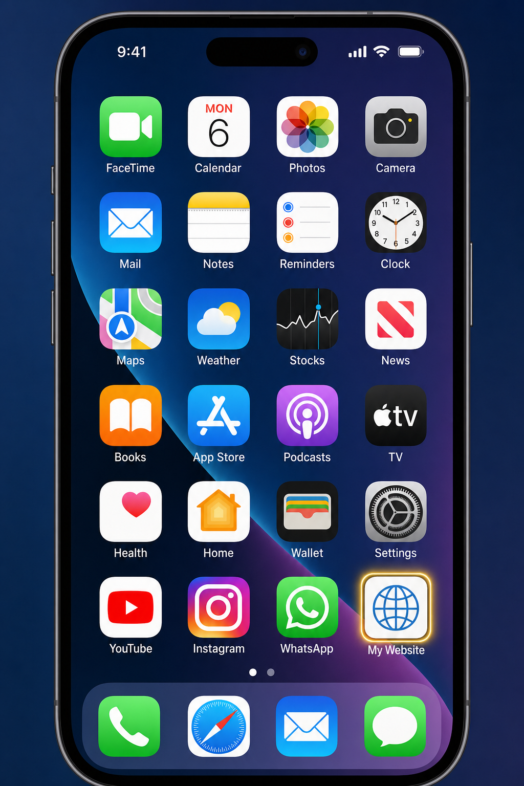 iPhone Home Screen with a newly added website shortcut icon visible among other app icons, with the shortcut icon highlighted to show its placement
