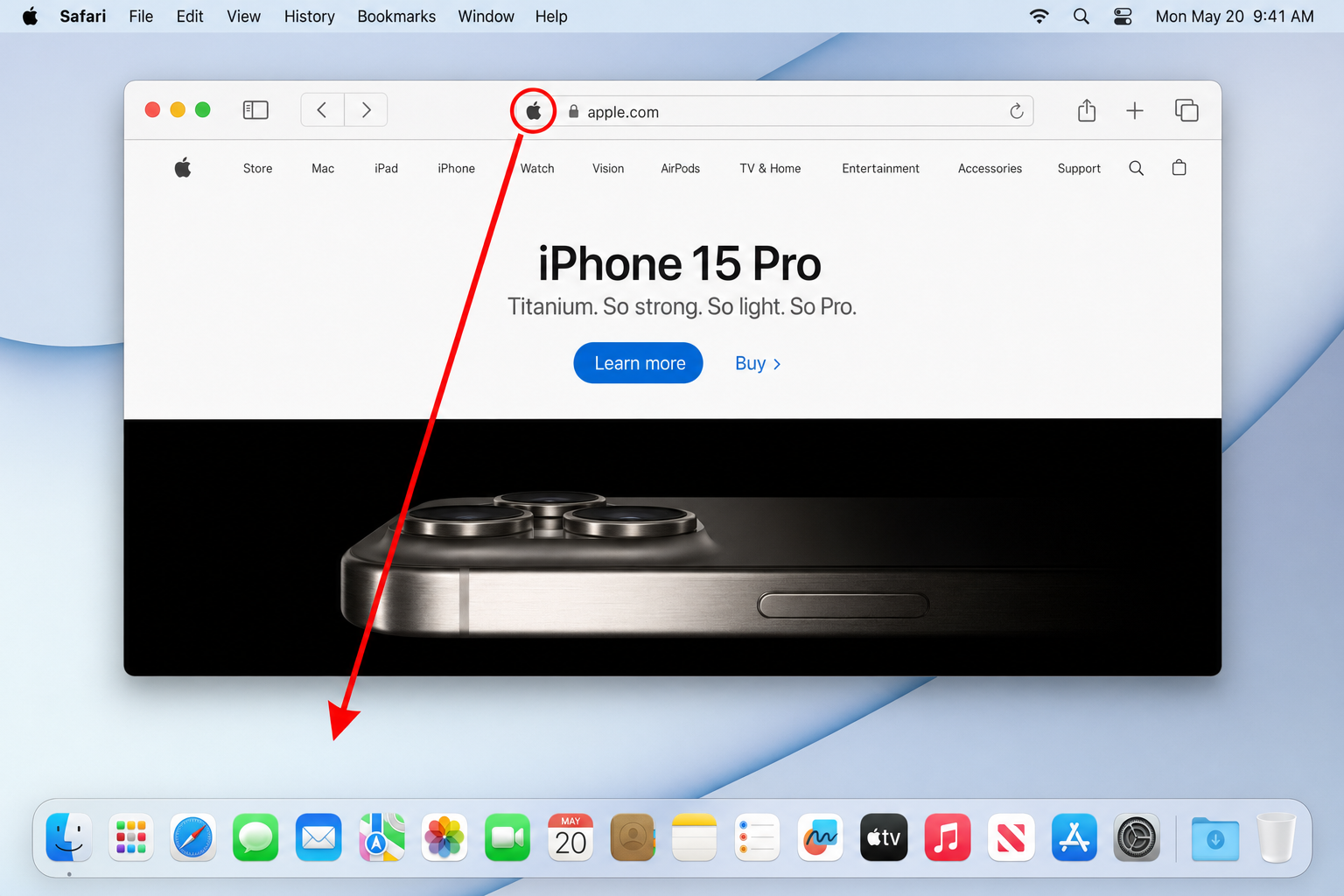 Safari on macOS in windowed (non-fullscreen) mode with the favicon in the address bar highlighted and an arrow indicating the drag direction toward the visible Mac desktop in the background