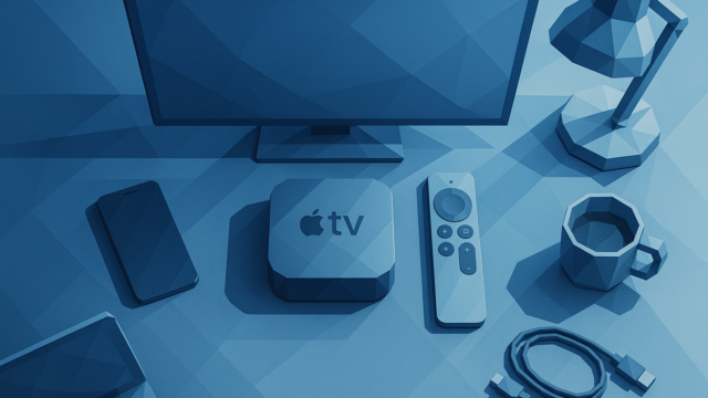 A blue-toned desk setup with an Apple TV box, remote, TV monitor, iPhone, mug, and accessories on a geometric desk surface