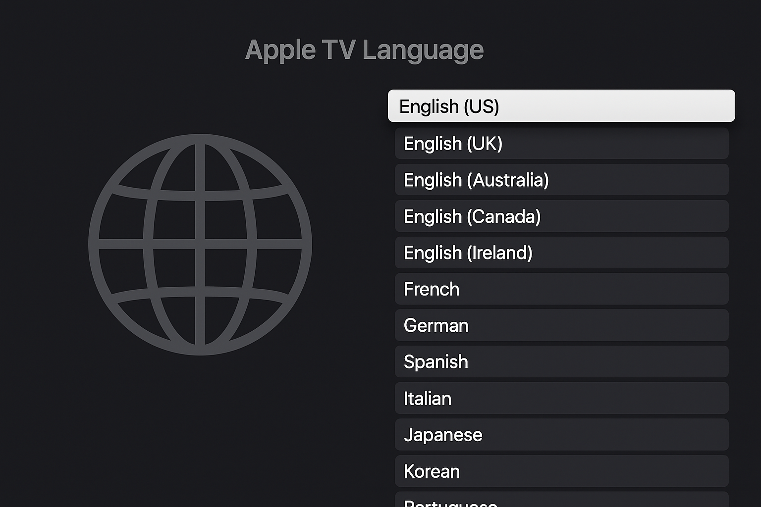 Language screen on Apple TV 4K
