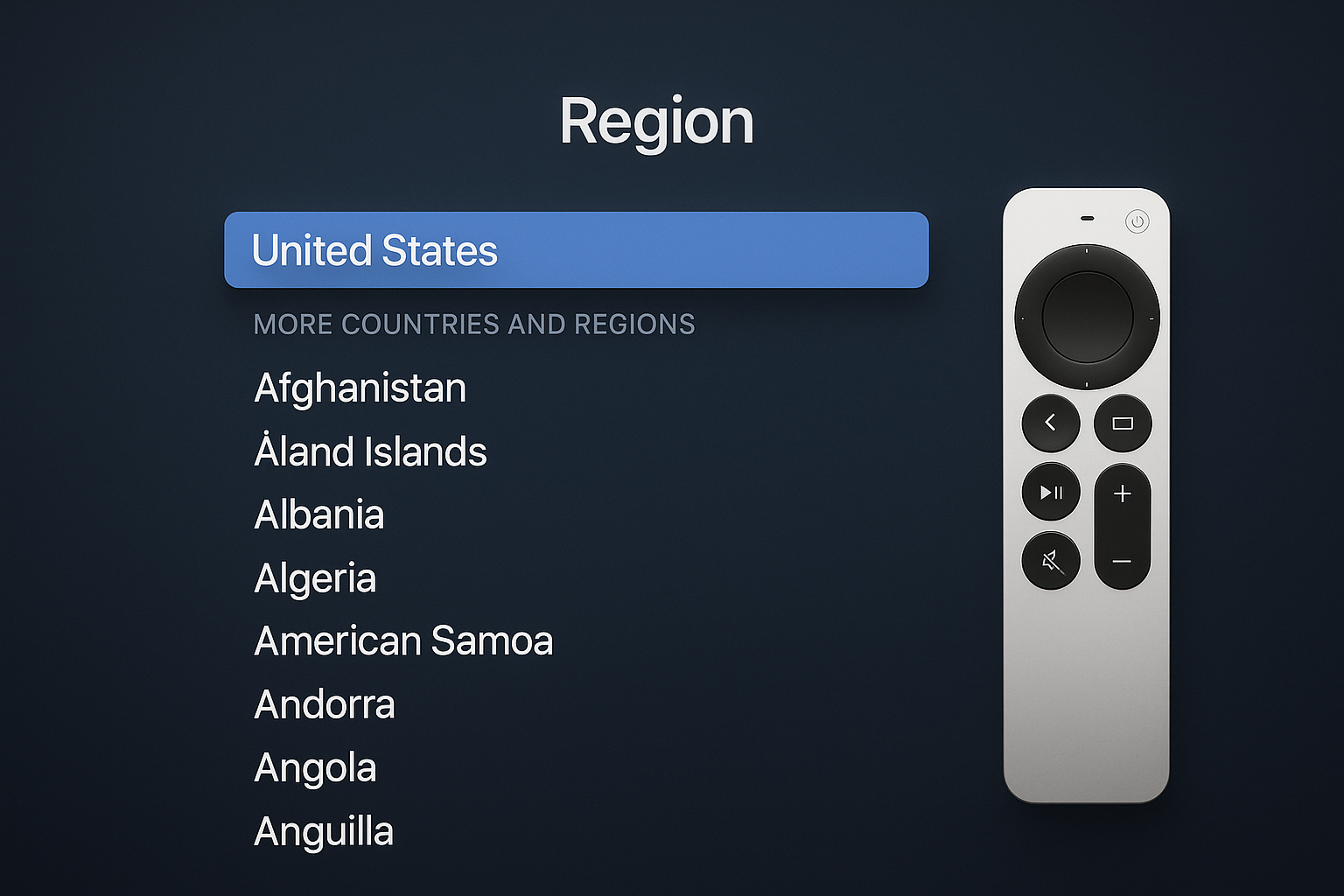 Select Country or Region screen on Apple TV 4K