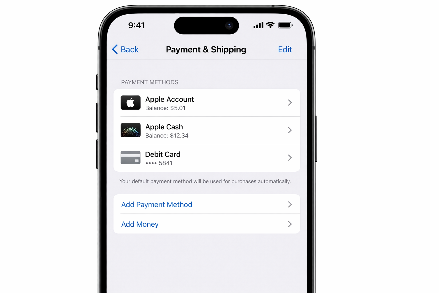 iOS Settings app > Apple ID > Payment & Shipping screen showing a saved credit card entry and the Add Payment Method option visible below it