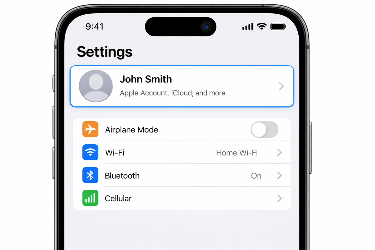 iOS Settings app main screen with the Apple ID name banner at the very top highlighted, showing the user's name and profile photo as the entry point to the Apple ID profile screen