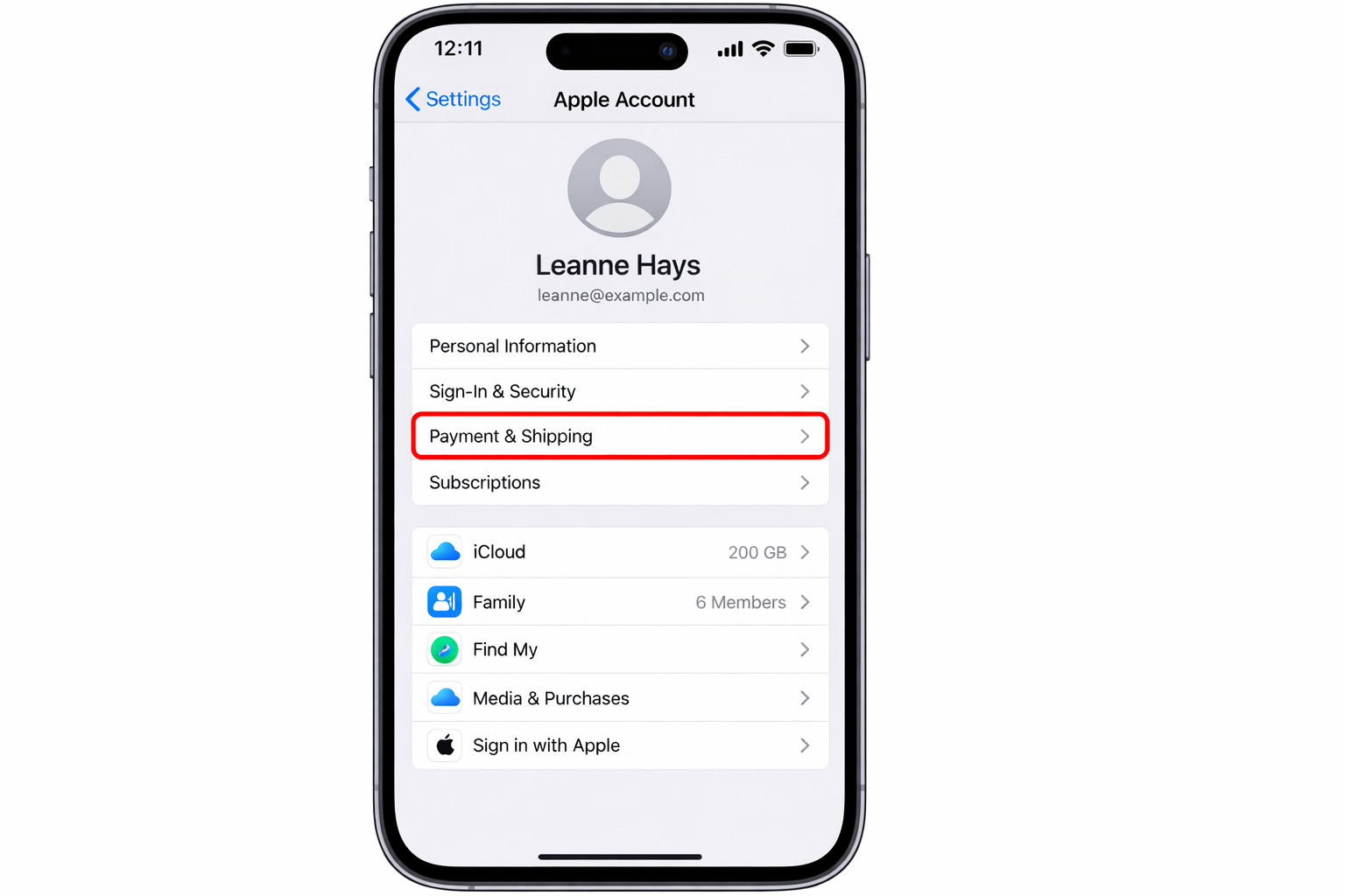 iOS Settings app > Apple ID profile screen with the Payment & Shipping row highlighted