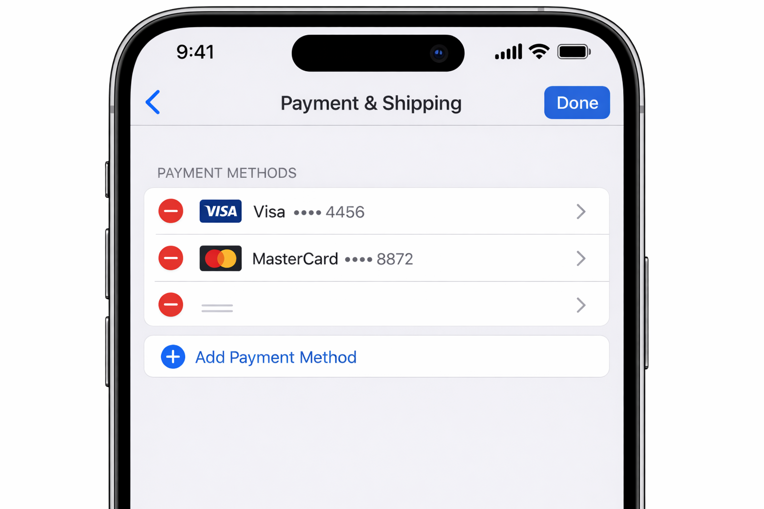 iOS Settings app > Apple ID > Payment & Shipping in Edit mode, showing a saved card row with a drag handle on the left and a disclosure arrow on the right, ready to be reordered or tapped to edit