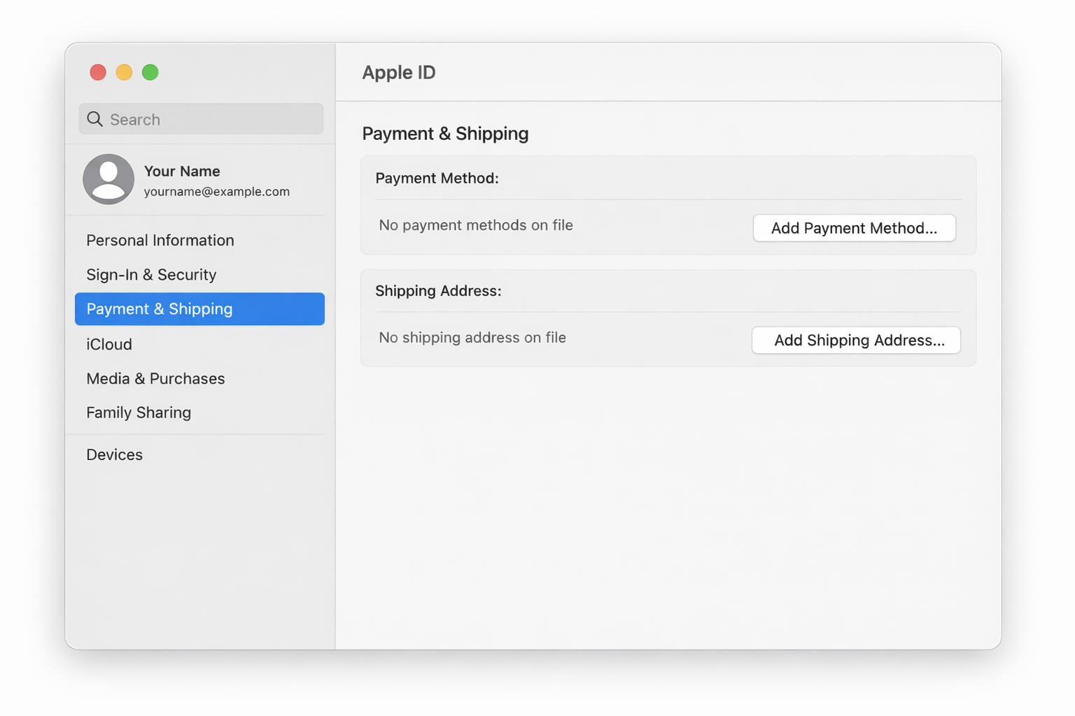 macOS System Settings with the Apple ID section open, showing the left sidebar with the Payment & Shipping row highlighted