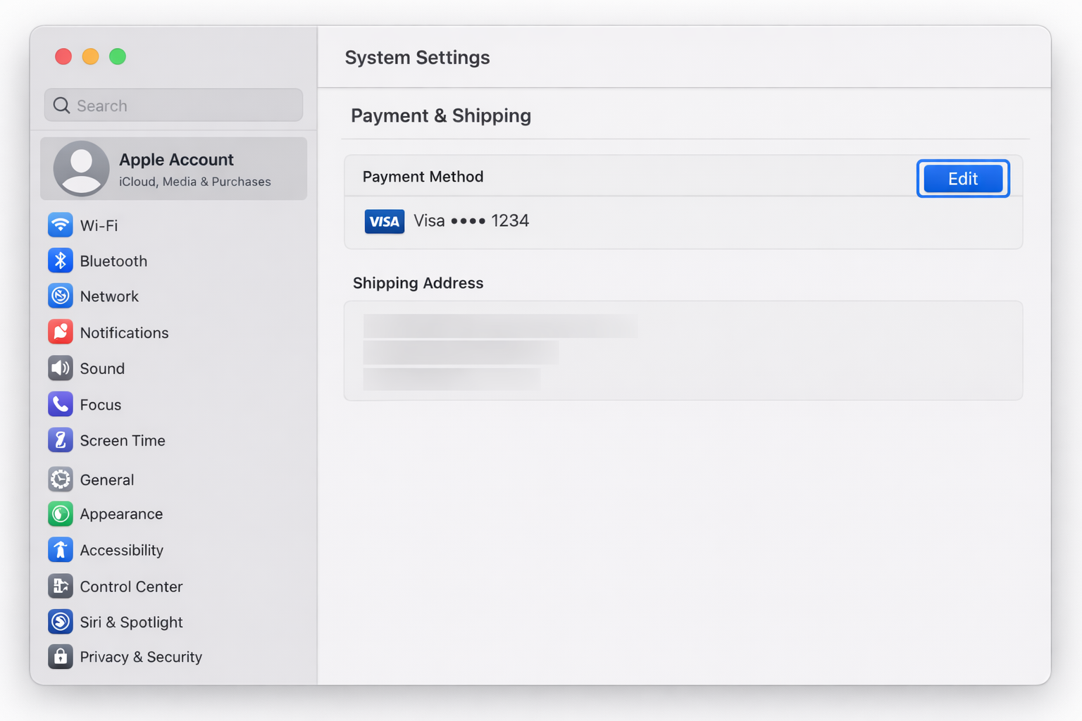 macOS System Settings > Apple ID > Payment & Shipping screen showing a saved card entry listed and the Edit button in the top-right corner highlighted