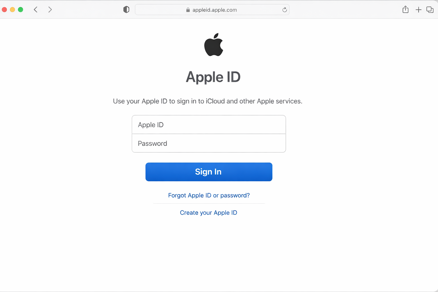 appleid.apple.com sign-in page with the Apple ID email field and password field visible and the Sign In button highlighted