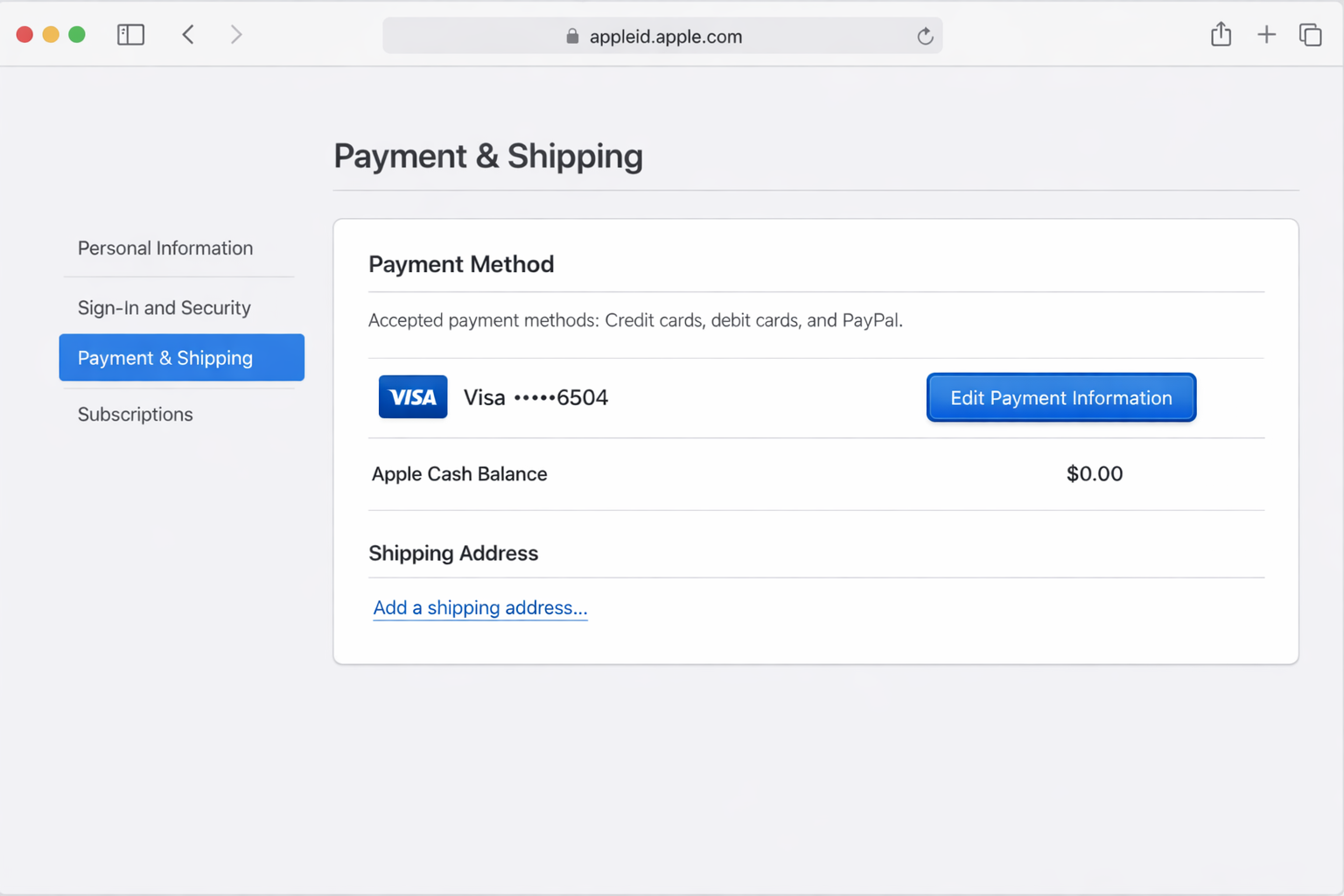 appleid.apple.com account overview page with the Payment & Shipping section expanded, showing a saved card on file and the Edit Payment Information button highlighted