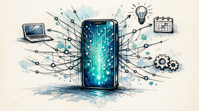 Smartphone at center with circuit lines linking to a laptop, calendar, light bulb, and gears, showing connectivity and tech ideas.