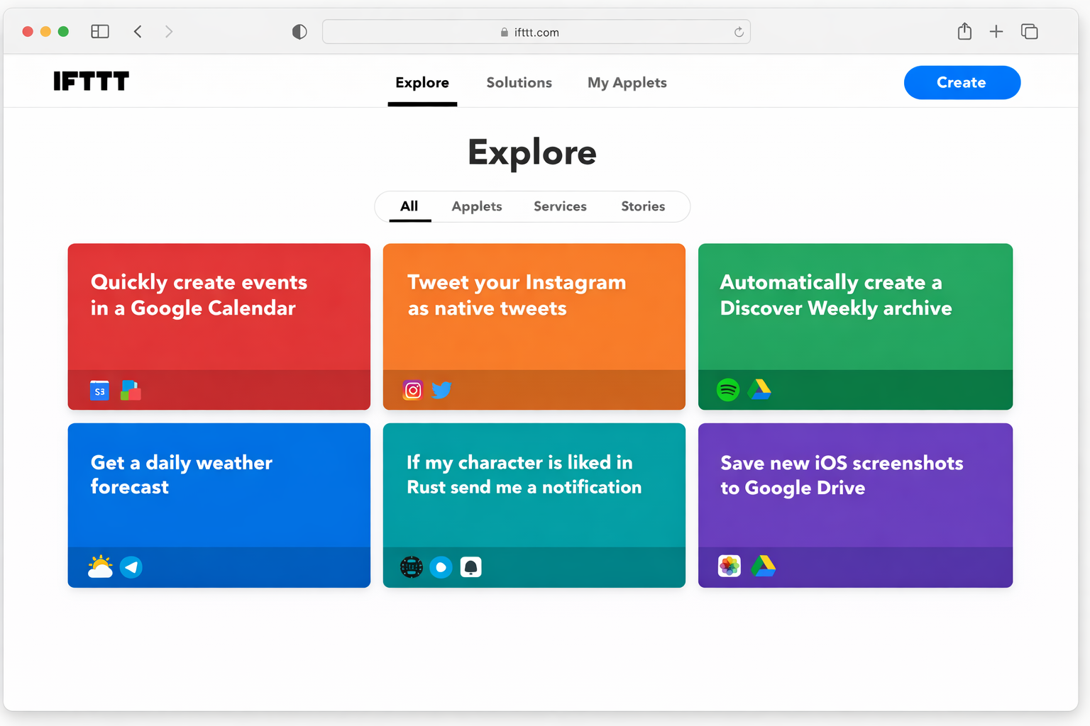 IFTTT.com homepage showing the main dashboard with featured Applets, a Create button in the top navigation, and category filters for Home, Social, Productivity, and more