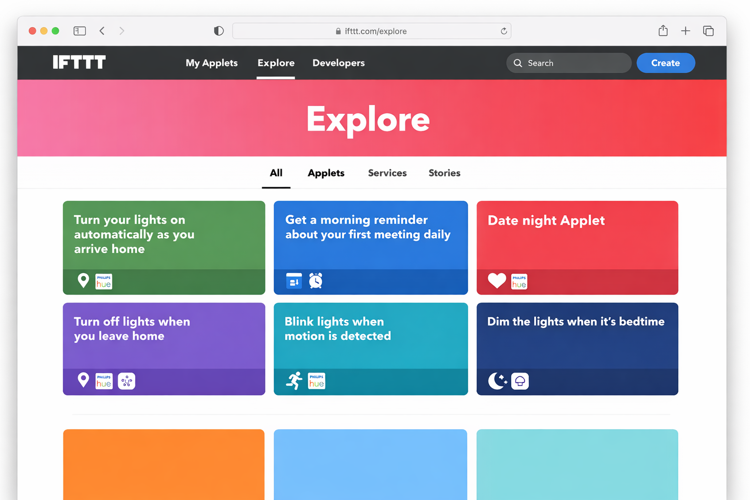 IFTTT.com Explore page filtered to show Smart Home Applets, with a list of light automation Applets visible including location-based and schedule-based options
