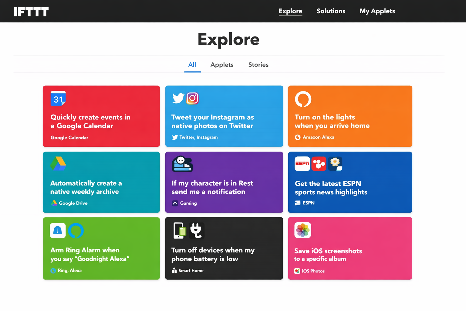 IFTTT.com Explore page showing a grid of popular Applets across categories including Smart Home, Social Media, Productivity, and Sports, with service logos visible