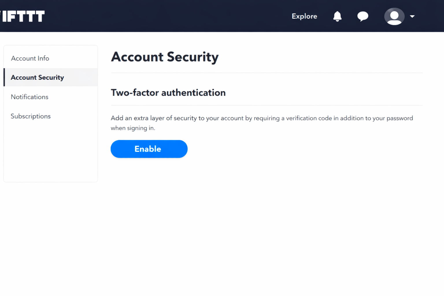 IFTTT account Security settings page with the Two-factor authentication section expanded and the Enable button highlighted