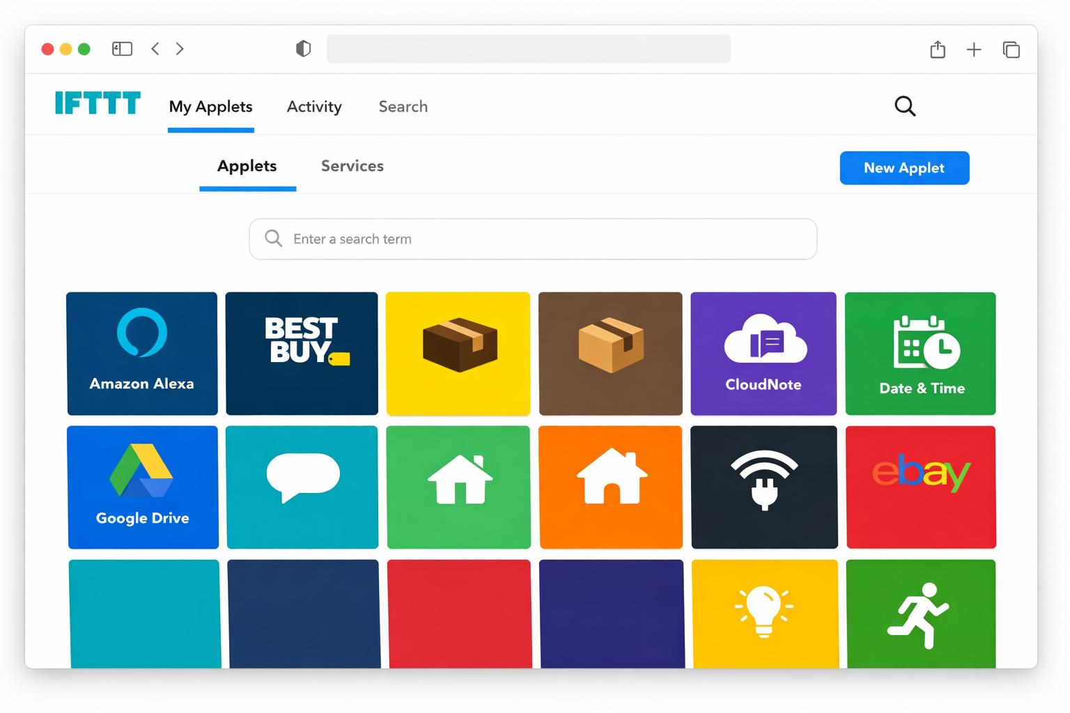 IFTTT Services page showing a search field and a grid of connected and available services including Google, Dropbox, Instagram, Spotify, and Apple iOS