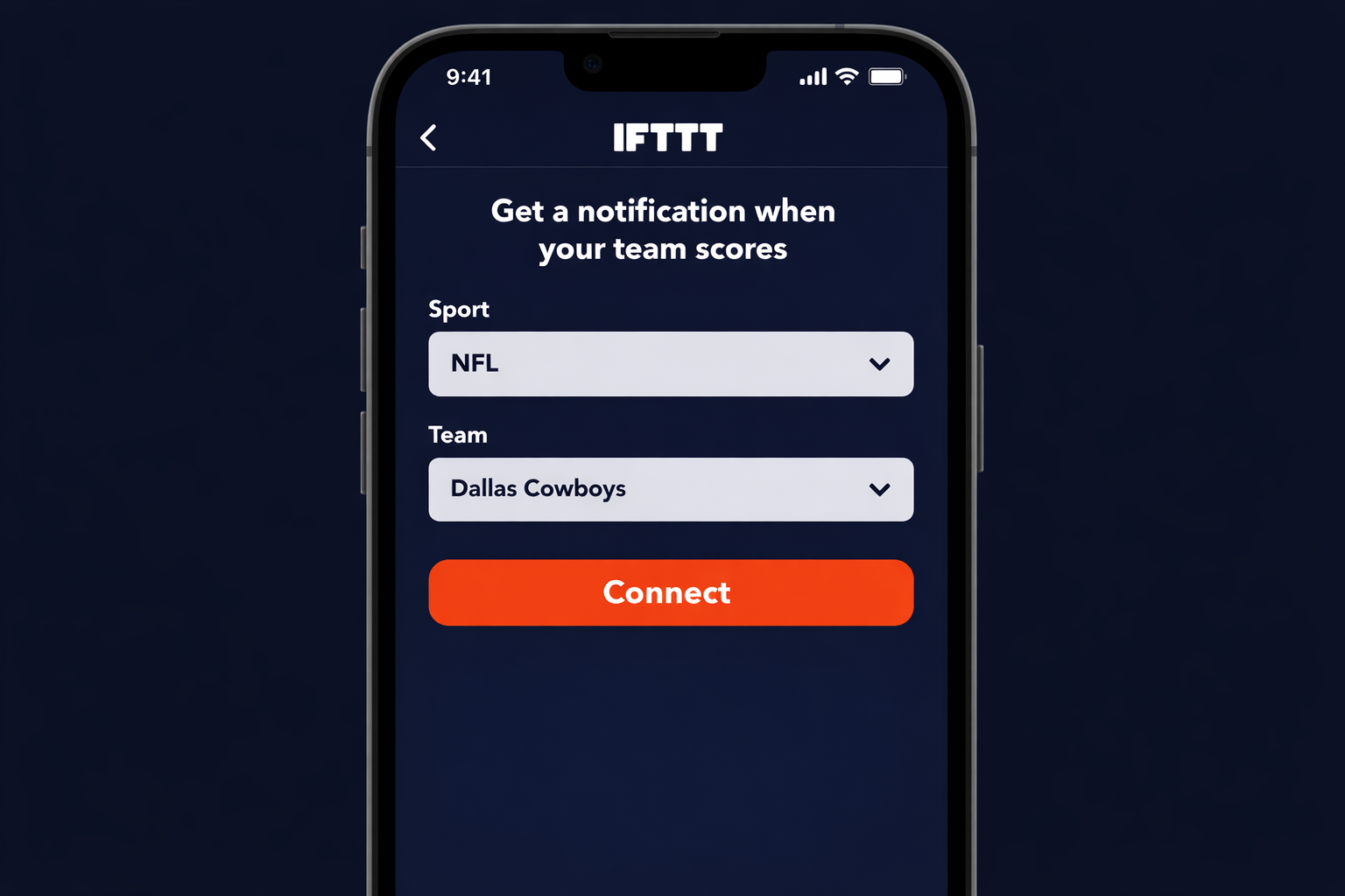 IFTTT app showing a sports score Applet detail page with sport and team dropdown menus visible and the Connect button highlighted