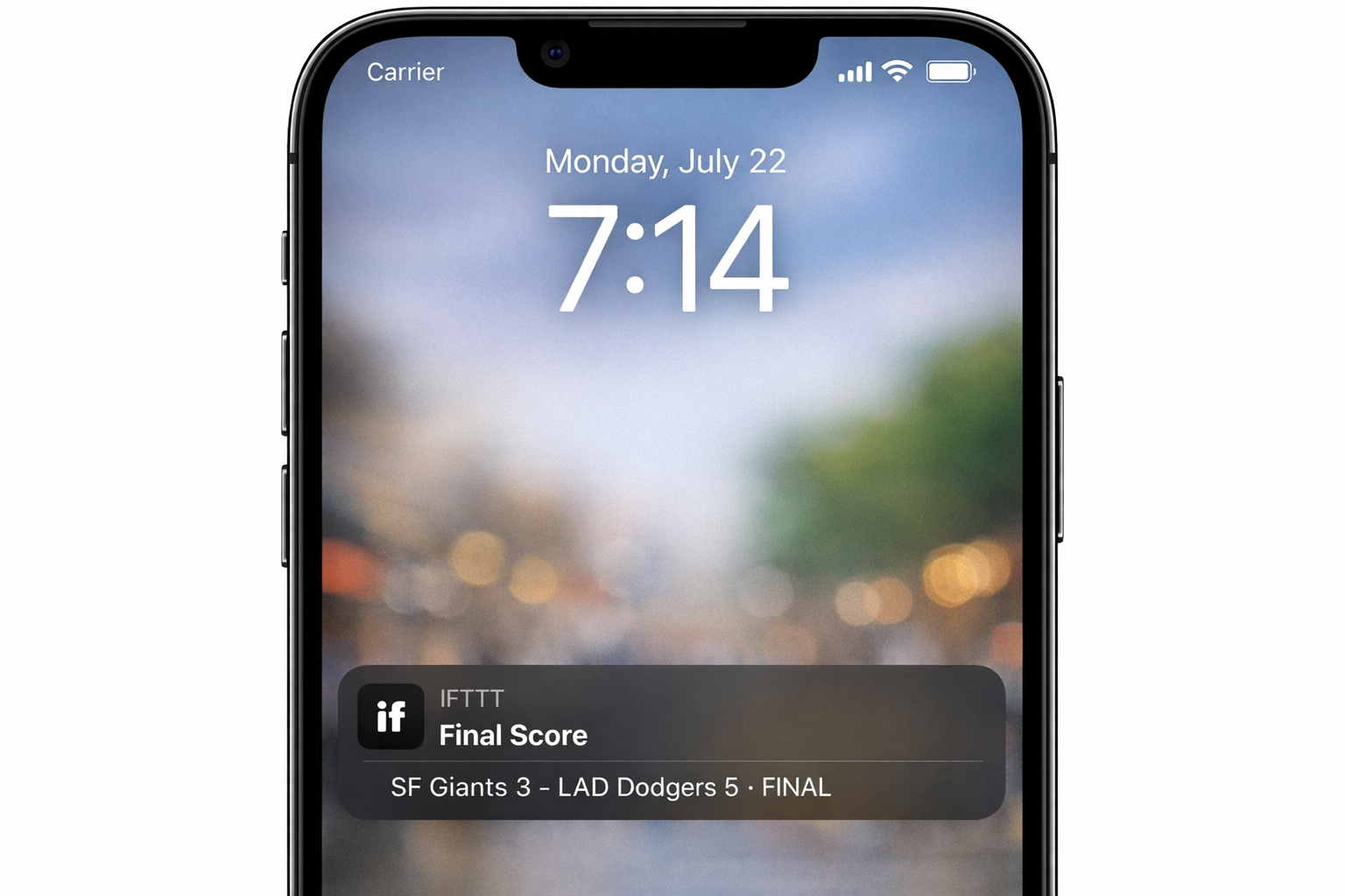 iOS notification from IFTTT showing a final sports score result, with the notification banner visible on the lock screen