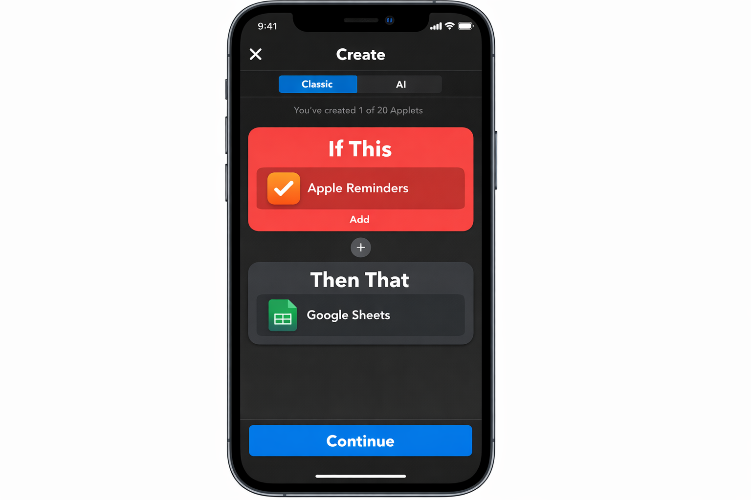 IFTTT app Create Applet screen showing the "If This" trigger set to Apple Reminders and the "Then That" action set to Google Sheets, with the Continue button visible