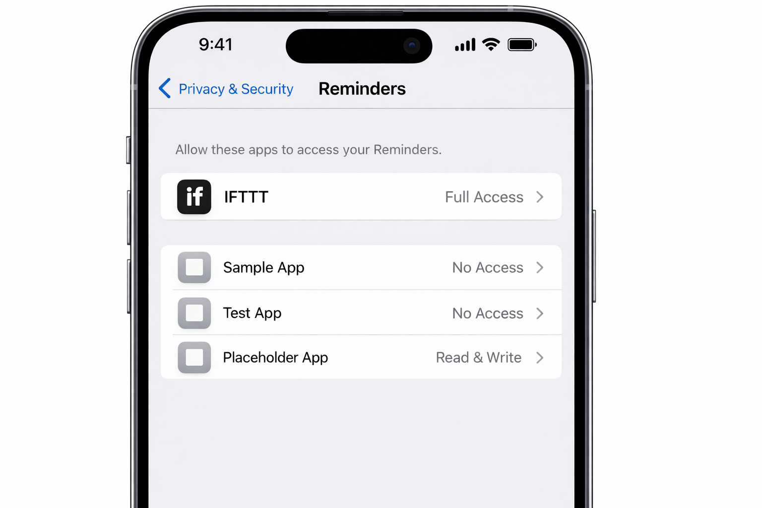 iOS Settings > Privacy & Security > Reminders showing IFTTT listed with Full Access granted