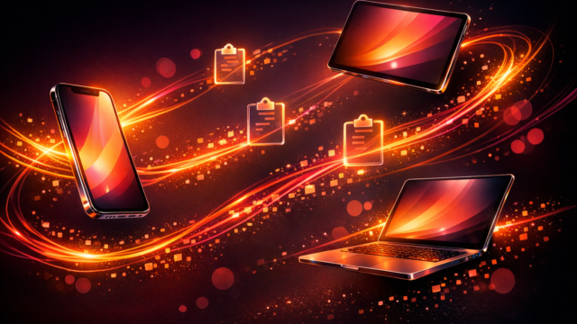 Abstract rendering of glowing orange smartphones, tablet, and laptop connected by sweeping light trails on a dark background.