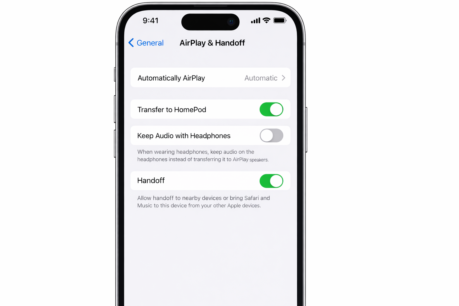 iOS Settings app > General > AirPlay & Handoff with the Handoff toggle highlighted in the on position