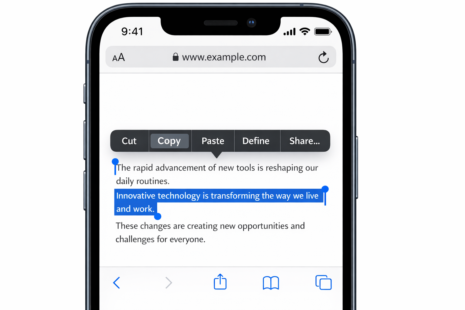 iPhone screen showing selected text in Safari with the Copy option highlighted in the callout menu