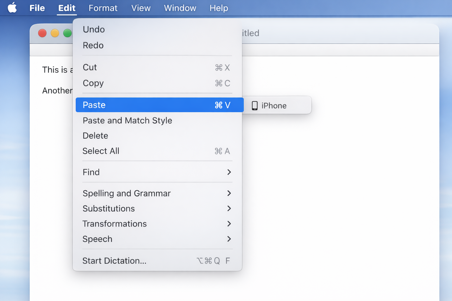 TextEdit on macOS 26 with the Edit menu open, showing the Paste option with an iPhone label indicating Universal Clipboard content is available