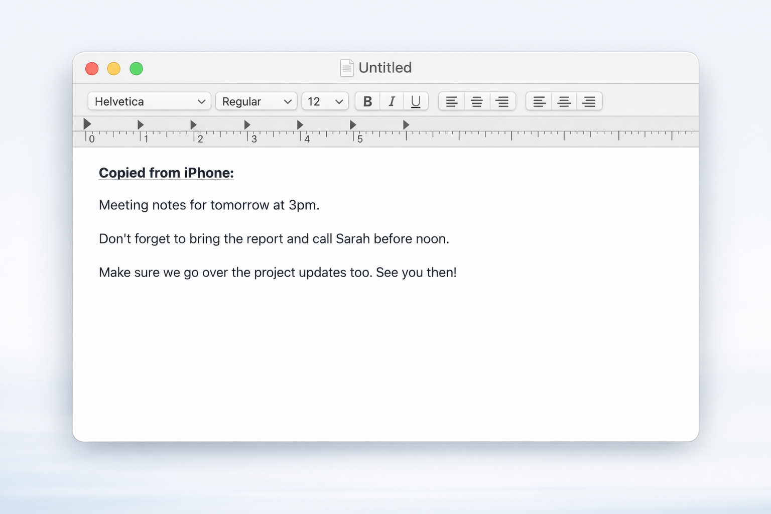 TextEdit document on macOS 26 with text pasted from iPhone visible in the document body