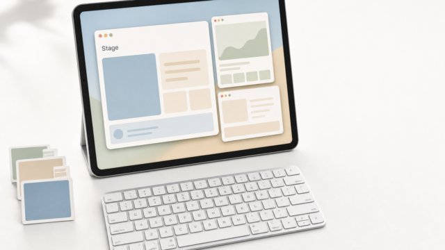 Tablet shows a multi-panel app mockup with pastel cards; white keyboard below and color swatches on the left side.