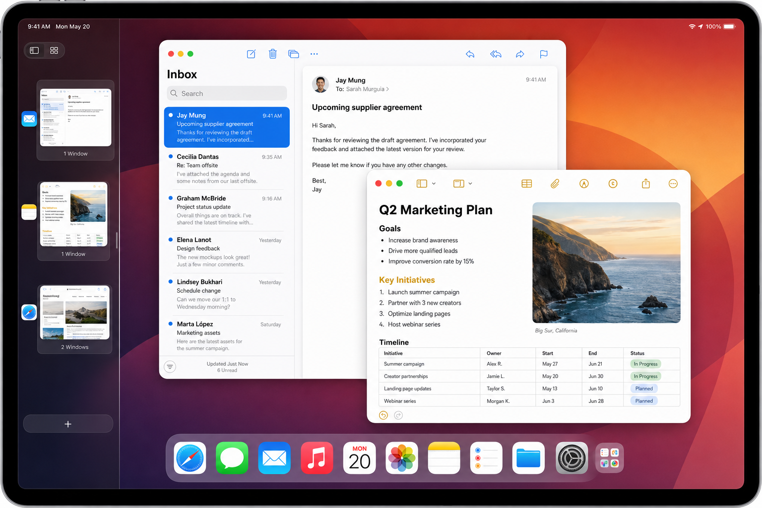 iPadOS Stage Manager view showing a main stage with two overlapping app windows and a sidebar on the left showing thumbnail previews of other stages