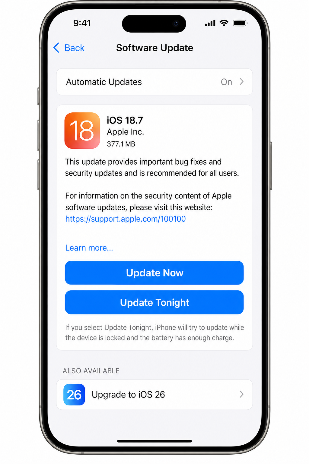 iPhone Settings > General > Software Update screen showing latest iOS version