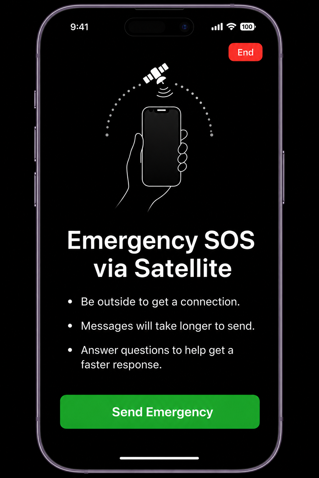 iPhone screen displaying 'Emergency SOS via Satellite' option in high-contrast UI
