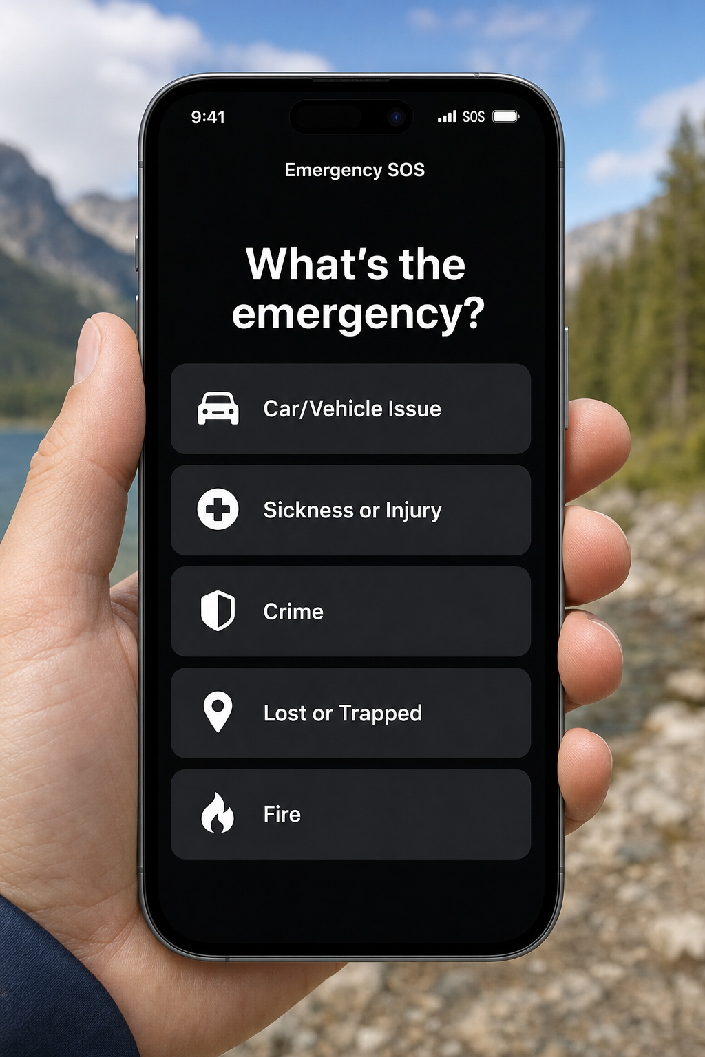 iPhone showing Emergency SOS satellite questionnaire with tap-to-answer options